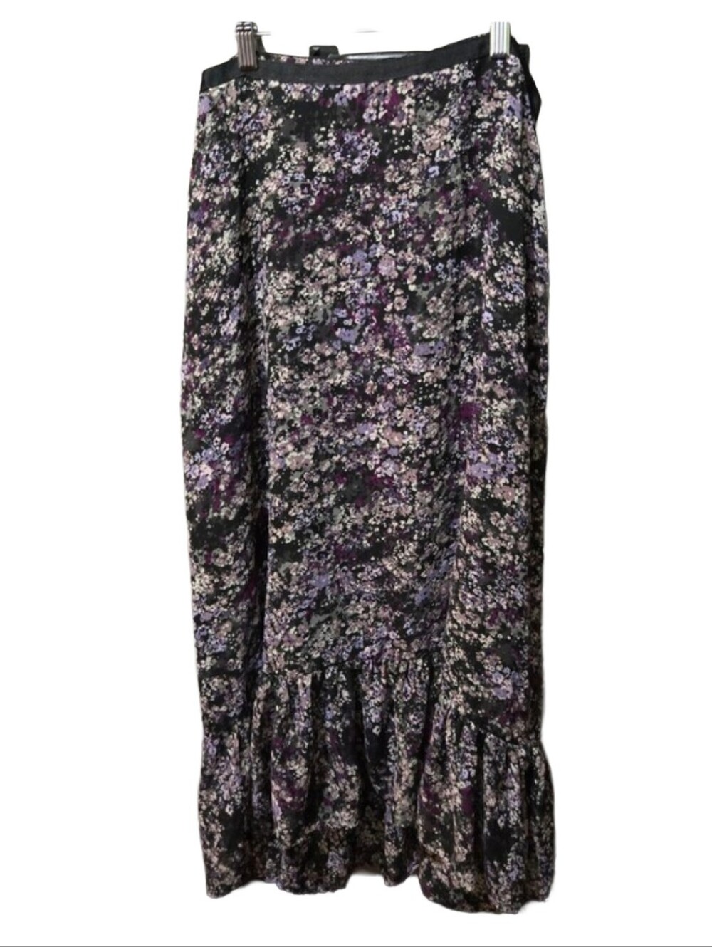 Elle Women's Size 16 Floral Midi Skirt Black Purple Tiered Ruffle Hem Lined